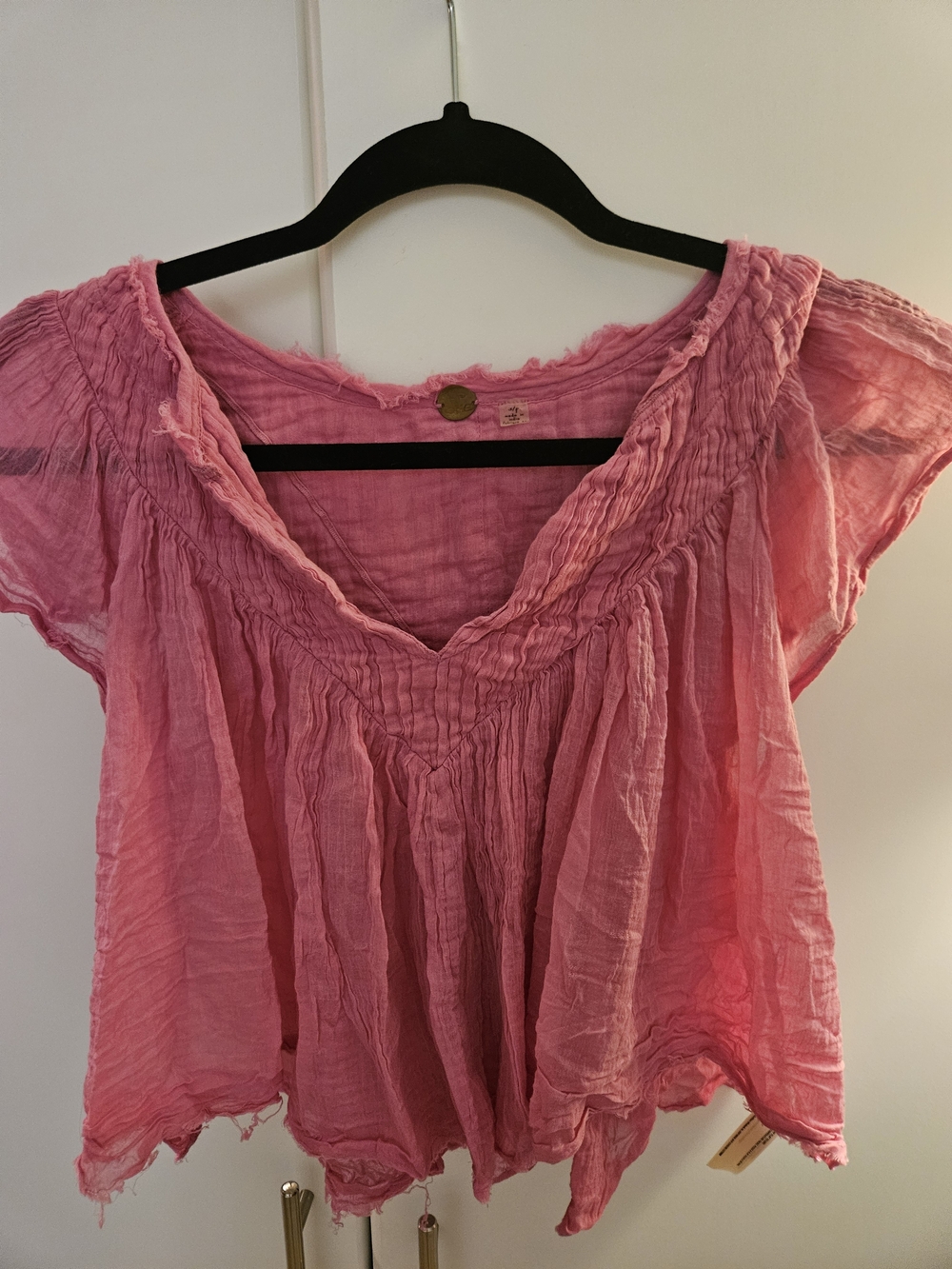 Free People Pink Crinkled V-Neck Boho Blouse